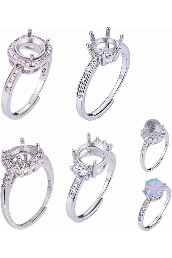 4 Pcs 4 Styles Prong Ring Settings Rhinestone Cabochon Adjustable Silver Ring Base Components for DIY
