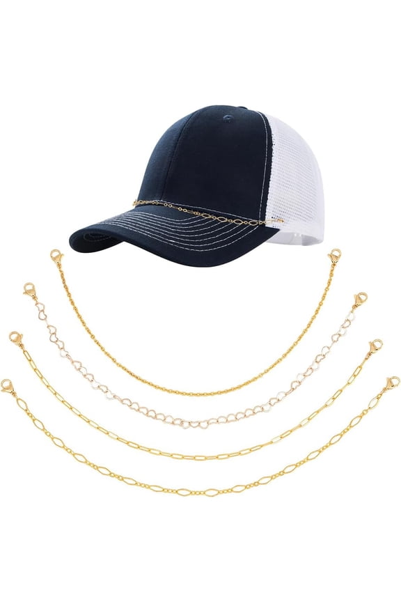 4 Pcs 4 Styles Trucker Hat Chains Hip-Pop Style Trucket Hat Charms DIY Metal Decoration Chains Caps Accessories Chains for Mesh Baseball Caps Bill Hat Party Supplies 26.5cm Multicolor Golden