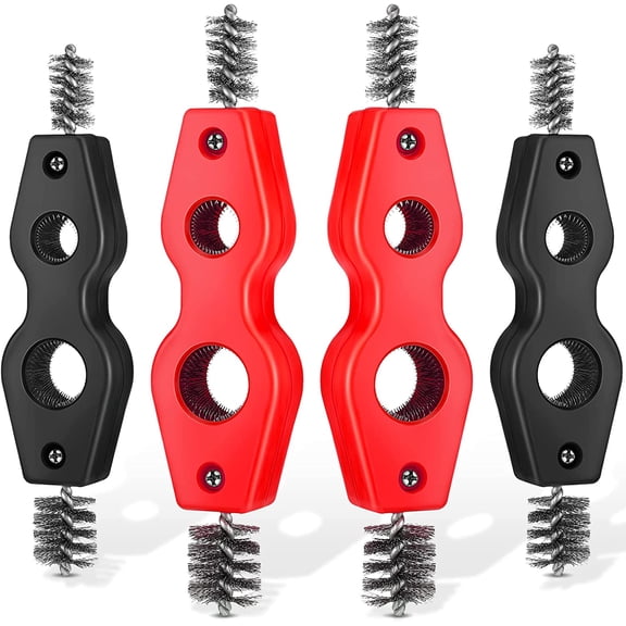 4 Pcs 4-in-1 Copper Pipe Cleaner, 1/2 in & 3/4 in Copper Tubing Brush Inner & Outer Thread Cleaner Plumber Deburring Brushs for Plumbing Installation, Soldering, Brazing(Black, Red)