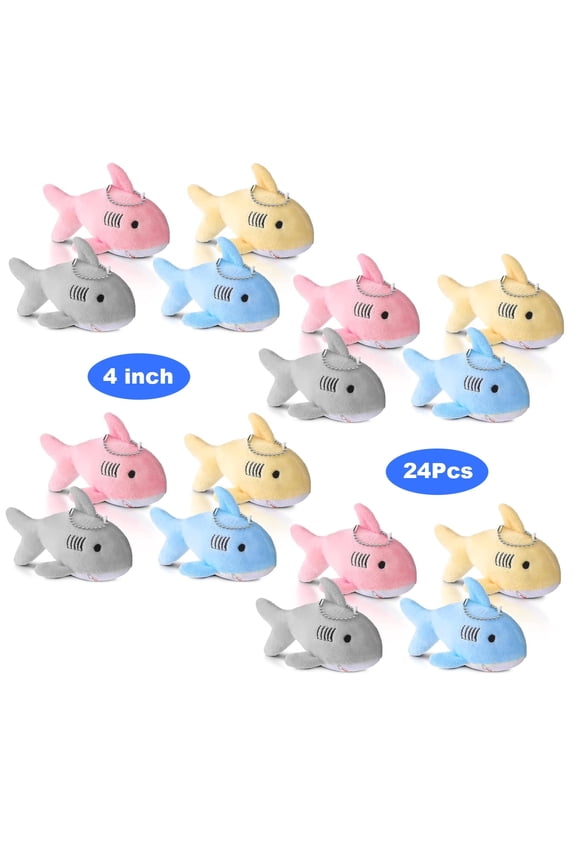 24 Pcs 4 inches Shark Keychain Plush Shark Party Favors Bulk Mini Animal Stuffed Valentines Day Gifts for Kids Classroom School Baby Shower Sea Summer Ocean Birthday Decorations