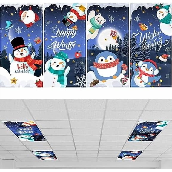 4 Pcs 4 x 2 Feet Fluorescent Light Covers for Ceiling Lights Classroom Office Magnetic Filters Diffusers for Reducing Harsh Glare Flicker Home Decorations (Snowman)