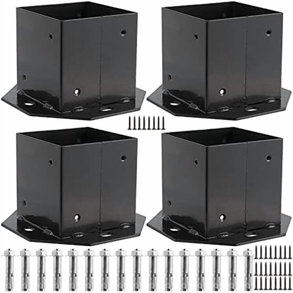 4 Pcs 4 x 4 Inch Post Base, Steel Fence Post Anchor Base, Inner Size 3.9 x 3.9 Inch Deck Post Brackets, Heavy Duty Metal Black Fence Post Bases for Railing Handrail Porch Support