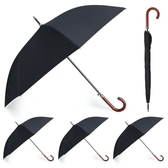 4 Pcs 48 Inch Wooden J Stick Handle Rain Umbrella Auto Open Windproof Unbreakable Fast Drying Rain Umbrella Black
