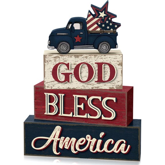 4 Pcs 4th of July Patriotic Table Decor Memorial Day Red White Blue Truck Wood Sign Rustic God Bless America Tabletop Centerpiece Block Independence Day Tiered Tray Decor for Home Office Shelf