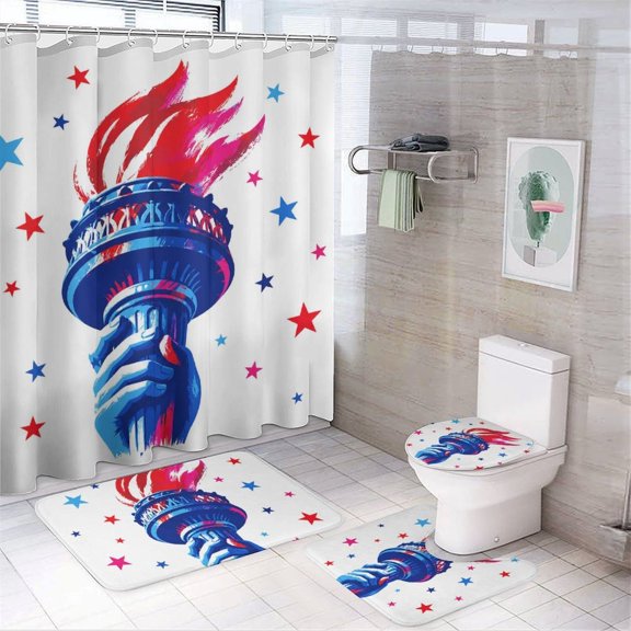 4 Pcs 4th of July Shower Curtains Set with Hooks Liberty Torch Hand Painted Bathroom Decor Toilet Lid Cover and Bath Mat for USA Patriotic Independence Home Decor