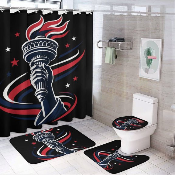 4 Pcs 4th of July Shower Curtains Set with Hooks Liberty Torch With Stars Bathroom Decor Toilet Lid Cover and Bath Mat for USA Patriotic Independence Home Decor