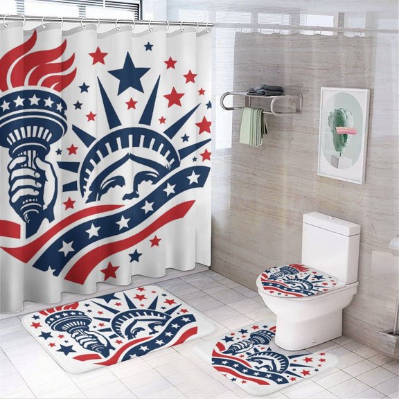 4 Pcs 4th of July Shower Curtains Set with Hooks Statue Of Liberty Face With Torch And Stars Bathroom Decor Toilet Lid Cover and Bath Mat for USA Patriotic Independence Home Decor