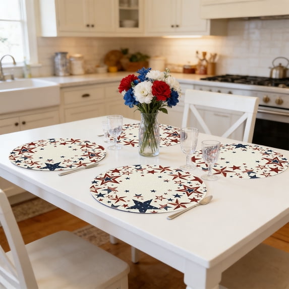 4 Pcs 4th of July Patriotic Round Placemats,Independence Day Heat Resistant Vintage Gnome & Star Table Mats for Kitchen,Dining,Home Decor