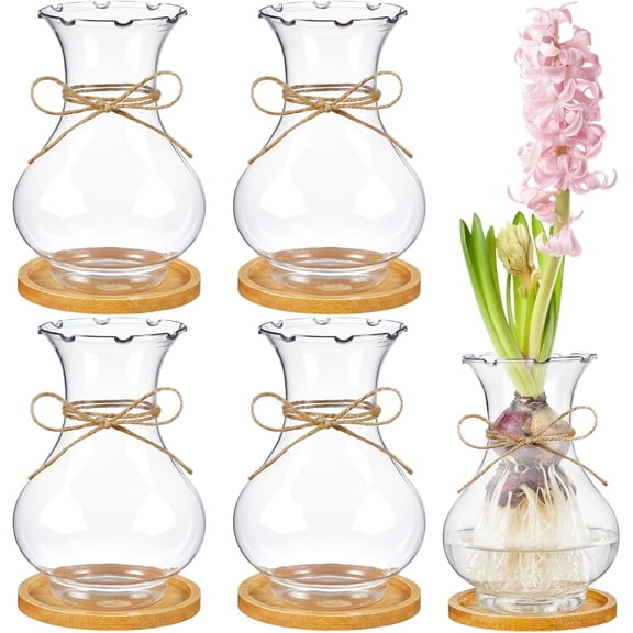 4 Pcs 5" Bulb Plastic Growing Vases, Flowers Forcing Hyacinth Avocado Small Clear Decorative Propagation Vase with Round Bamboo Base for Women Gardening Lovers Home Office Table Decoration