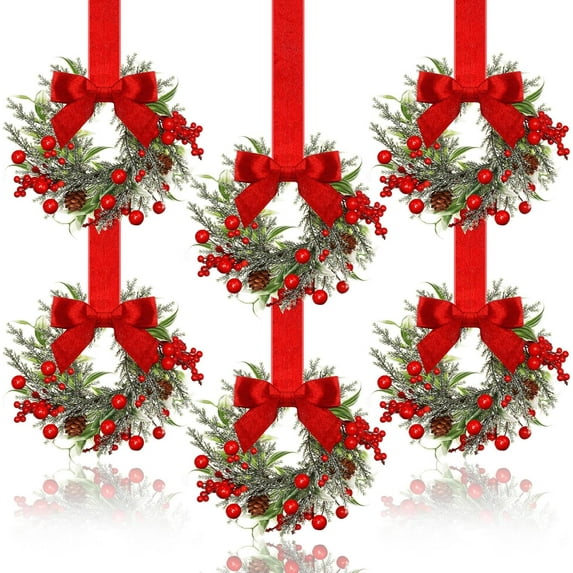 4 Pcs 6 Inch Christmas Mini Wreaths for Kitchen with Ribbon Bows Pinecone Small Cabinet Wreath Garland for Door Window Farmhouse Christmas Party Decorations
