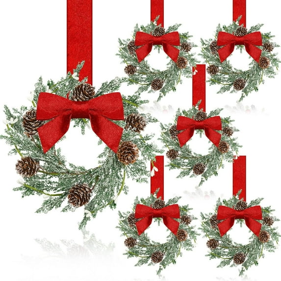 4 Pcs 6 Inch Christmas Mini Wreaths for Kitchen with Ribbon Bows Pinecone Small Cabinet Wreath Garland for Door Window Farmhouse Christmas Party Decorations