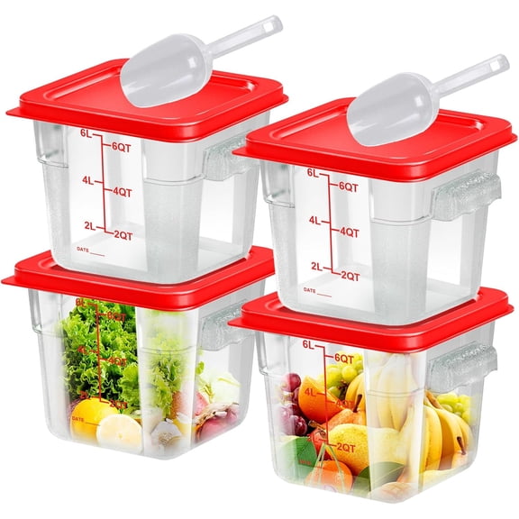 4 Pcs 6 Qt Square Clear Food Storage Containers with Lid Handle and Scale Red