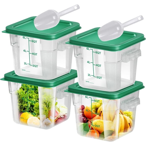 4 Pcs 6 Qt Square Clear Food Storage Containers with Lids Handles and Measurement Scale Green