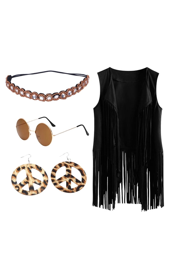4 Pcs 60s 70s Outfit For Women Hippie Halloween Cos Set Peace Sign Earring Headband Fringe Vest Tassel Cardigan
