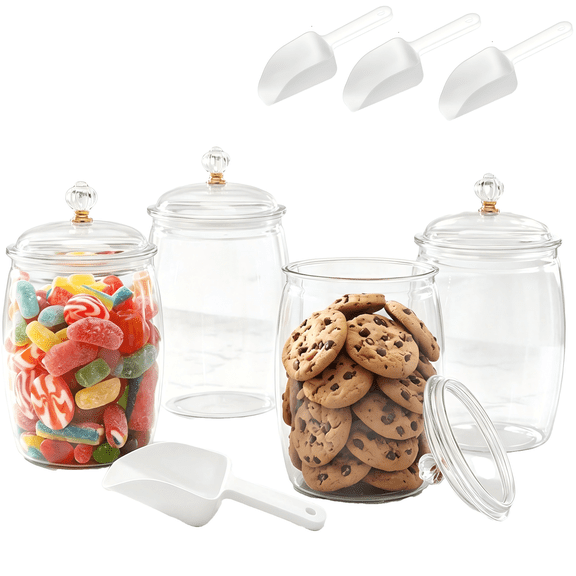 4 Pcs 64 oz Clear Plastic Candy and Cookie Jars with Lids, Large Airtight Apothecary Storage Containers, Multi-use Organizer for Home, Kitchen, Bar and Wedding Decor