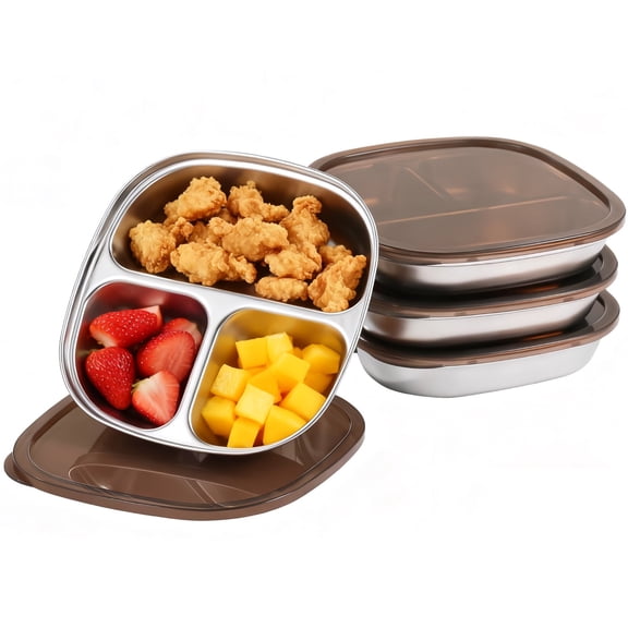 4 Pcs 7.9 in Stainless Steel Plates with Lids, Stackable Portion Control Food Containers, 3 Compartment Snack Trays, Silver Metal Dishware