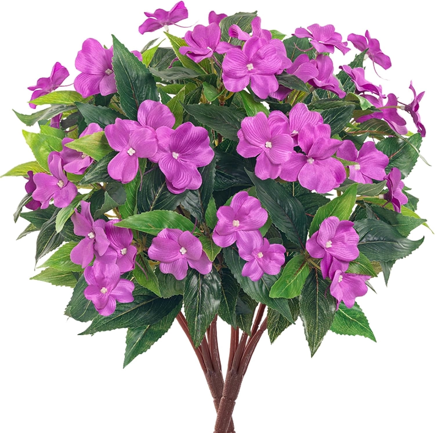 4 Pcs 7Branches Fake Impatiens Artificial Flowers Fake Flowers Bouquet No Fade Faux Silk Plants for Wedding Garden Patio Balcony Porch Window Box Decor,Purple,UV Resistant