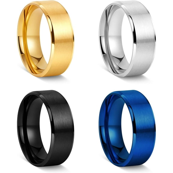 4 Pcs 8 MM Width Mens Rings, Stainless Steel Wedding Bands for men, Gold Silver Black Blue Brushed Finish Beveled Edges Comfort Fit 6-13