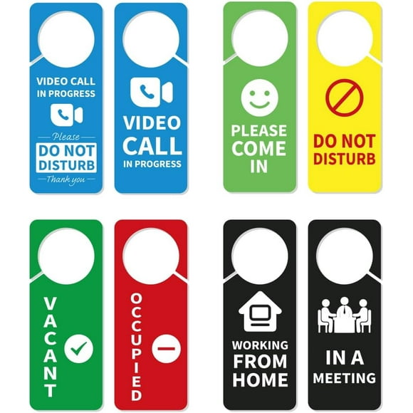 4 Pcs 8 Options Do Not Disturb Door Hanger Sign Funny Style PVC Video Call in Progress Do Not Disturb Double Sided Notice Hanger Sign for Home Offices Online Meetings and Classes 9.25x3.54 Inch
