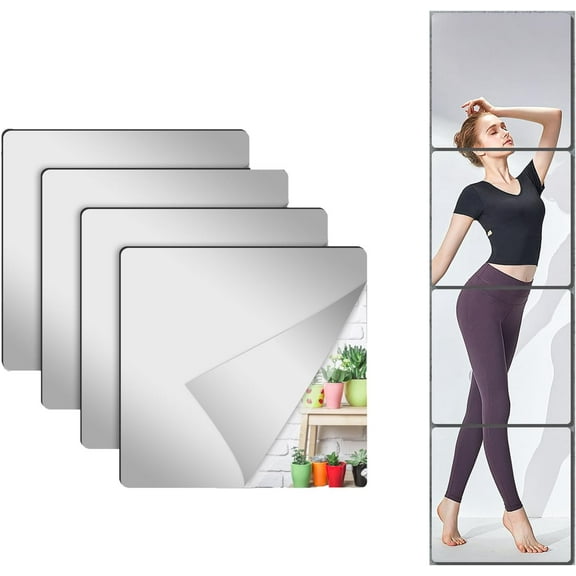4 Pcs 8 x 8 Inch Self Adhesive Acrylic Square Mirror and 4 Pcs 12 x 16 in Full Length Wall Mirror Tiles