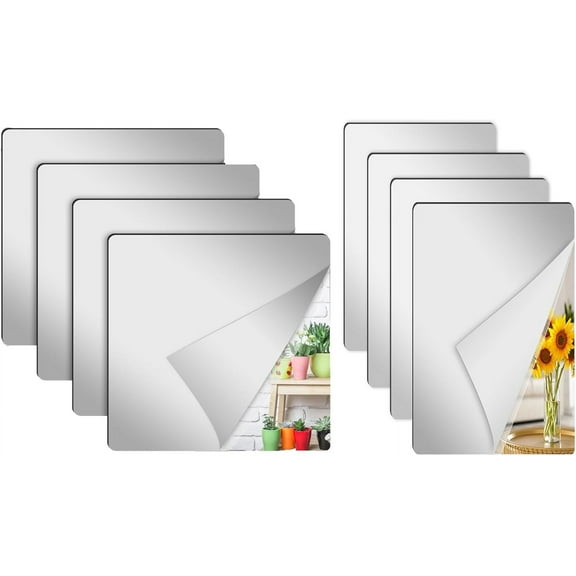4 Pcs 8 x 8 Inch Self Adhesive Acrylic Square Mirror and 4 Pcs 6 x 9 in Full Length Wall Mirror Tiles