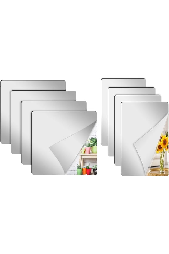 4 Pcs 8 x 8 Inch Self Adhesive Acrylic Square Mirror and 4 Pcs 6 x 9 in Full Length Wall Mirror Tiles