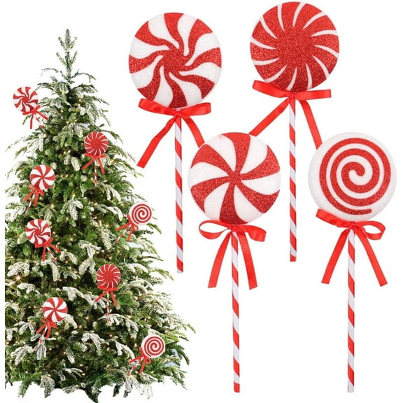 4 Pcs 8in Lollipop Candy Christmas Tree Picks with Ribbon Christmas Decorations Red and White Lollipop Ornaments for Xmas Tree Topper New Year Home Vase Party Ornaments (Red)