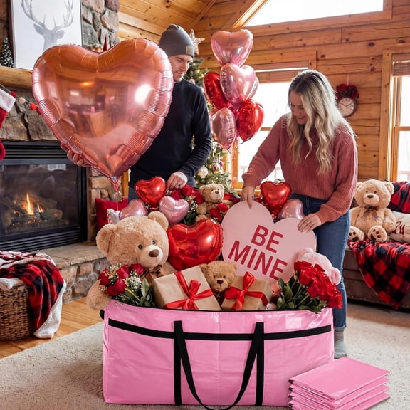 4 Pcs 96 Gallon Extra Large Moving Bags Heavy Duty Storage Bag with Strong Zipper Handle Foldable XXL Jumbo Storage Tote Packing Moving Box for College Dorm Travel Cloth Duffle (Pink)