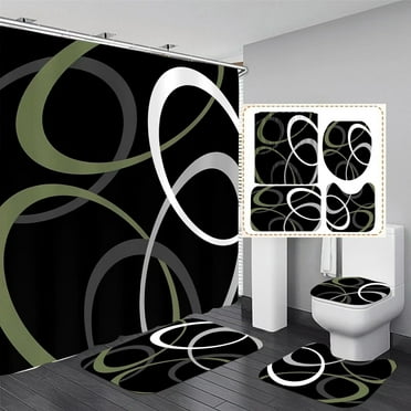 4 Pcs Abstract Black and Green Circle Bathroom Rugs and Shower Curtain Sets Dark Silver Squiggly Line Bathroom Set with Rug Geometric Bath Accessories with Mats