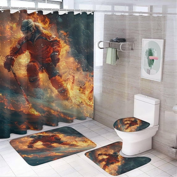 4 Pcs Abstract Ice Fire Theme Ice Hockey Shower Curtain Set 12 Hooks,Flame Burning Modern USA Baseball Player Ice Balls Bathroom Set Shower Mat Shower Curtain with Rug