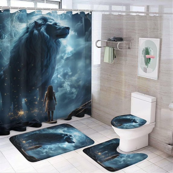 4 Pcs Abstract Lion Bathroom Sets with Shower Curtain and Rugs, Nature Animals Vintage Landscape Shower Curtain Set with Rug, Mats and Accessories for Bathroom Decor