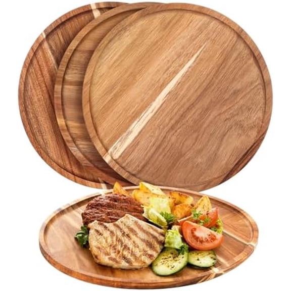4 Pcs Acacia Round Wood Dinner Plates, 9.8 in Decorative Wooden Plates for Food, Natural Serving Tray, Japanese Style for Home Dcor, Parties, and Gifts$$Home Decor, Kitchen, & Other