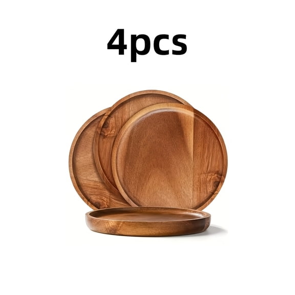 4 Pcs Acacia Wood Round Charger Plates, 9.8 Inch Wooden Serving Trays, Rustic Dinner Plate Set for Wedding Party Banquet Table Decor, Smooth Reusable Wood Platters for Dining and Entertaining