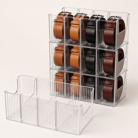 4 Pcs Acrylic Belt Organizer with Adjustable 4 Compartments Clear Stackable Belt Holder for Men Leather Belts Storage Box for Closet Drawer Organization Multi-Purpose Display Bin with Inserts