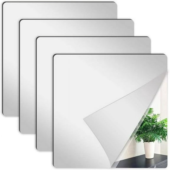 4 Pcs Acrylic Flexible Mirror Sheets, Acrylic Mirrors for Wall,8 x 8 in Mirror Tiles Self Adhesive Square Cuttable Mirror Wall Stickers Non Glass Acrylic Safety Mirror for DIY Craft Home Decoration