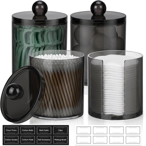 4 Pcs, Acrylic Qtip Holder Dispenser for Cotton Swab, Ball, Round Pads, Floss Picks - Clear Plastic Apothecary Jar Set, Bathroom Canister Decor Storage Accessories, Vanity Makeup Organizer, Black
