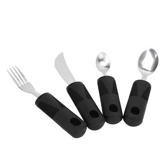 4 Pcs Adaptive Utensils For Elderly, , Parkinsons And , Thick Handles, Non Slip Rubber Handle, Stainless Steel Spoon, Fork, Knife