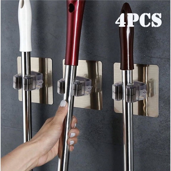 4 Pcs Adhesive Wall Hooks - Mop & Broom Holder For Kitchen & Bathroom - New