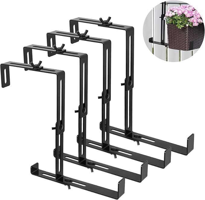 4 Pcs Adjustable Window Box Brackets, Universal Steel Hanging No Drill Planter Flower Box Brackets for Deck, Window Sill, Balcony, Fences, Patio