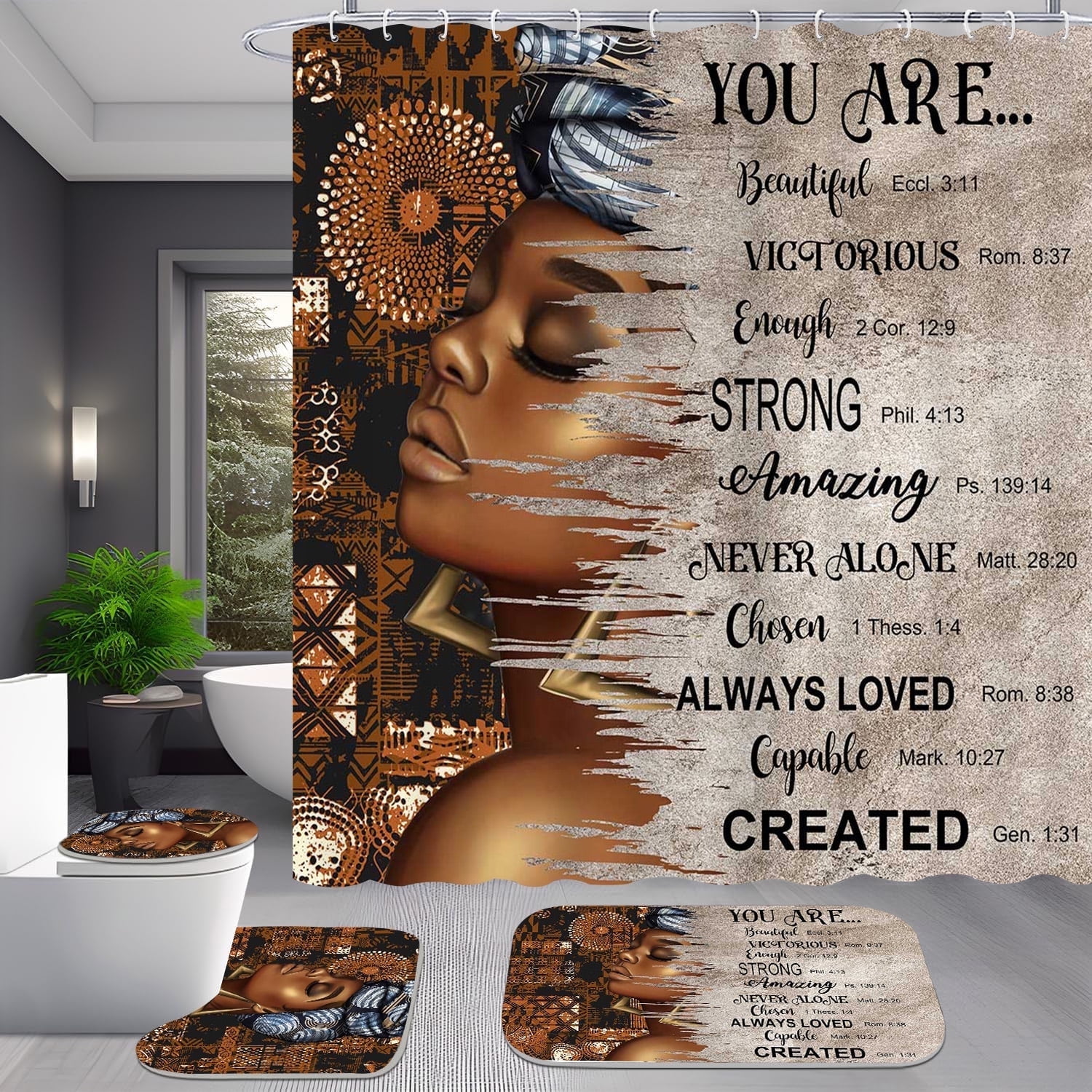 4 Pcs African Black Girl inspirational Words Shower Curtain Set with Rugs Toilet Cover and Bath Mat for Bathroom Cultural African American Love Girl Purple Shower Curtain with Hooks