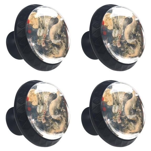 4 Pcs Ancient Dragon Full Moon Print Cabinet Knobs 30mm Round Crystal Glass Drawer Handles Pulls with Screws for Kitchen Cupboard Wardrobe Closet Dresser, Home&Office