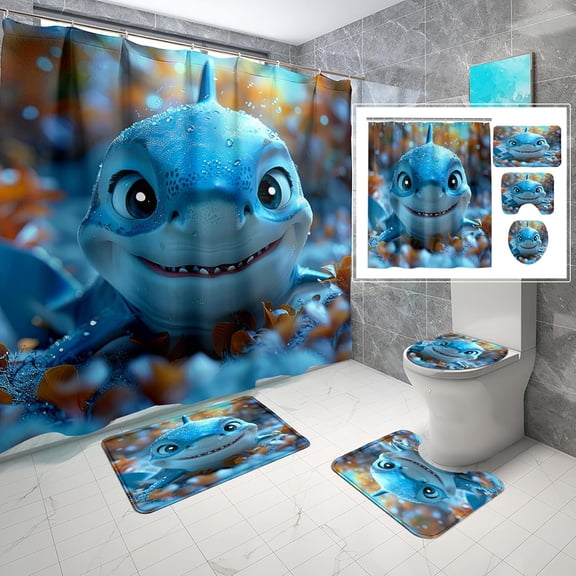 4 Pcs Animal Shower Curtain Set - Cute Ocean Shower Curtains for Bathroom, Kids Bathroom Set Ocean Theme Sea Fish Shower Curtain with Rug, Toilet Cover and Bath Mat with 12 Hooks
