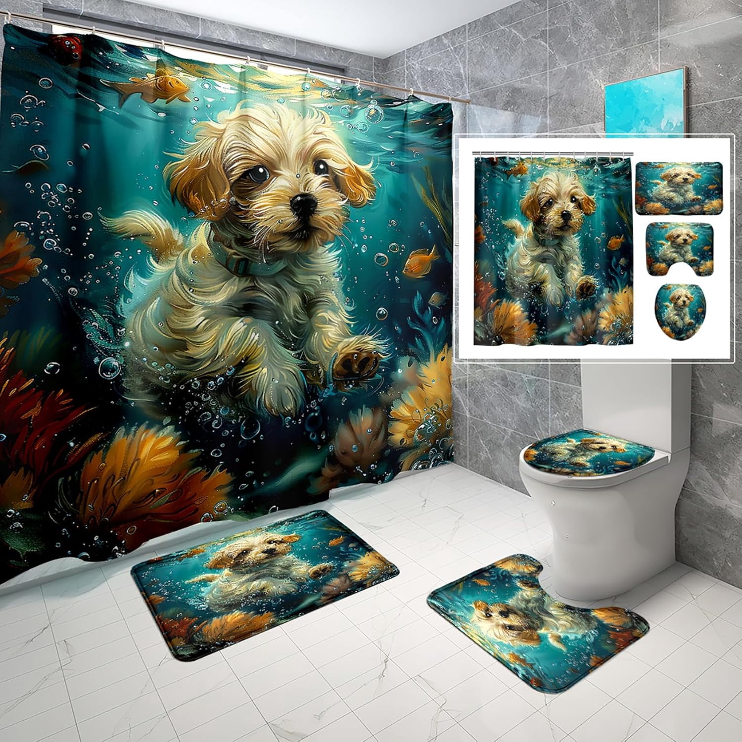 4 Pcs Animal Shower Curtain Set - Cute Ocean Shower Curtains for ...