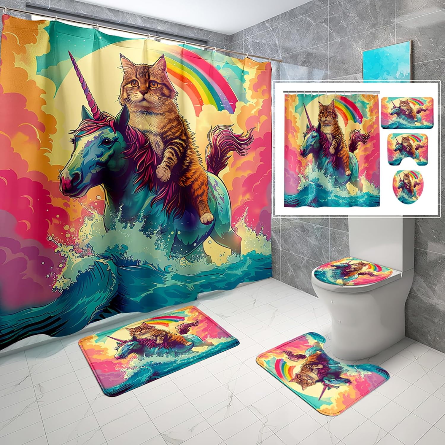 4 Pcs Animal Shower Curtain Set - Cute Ocean Shower Curtains for ...