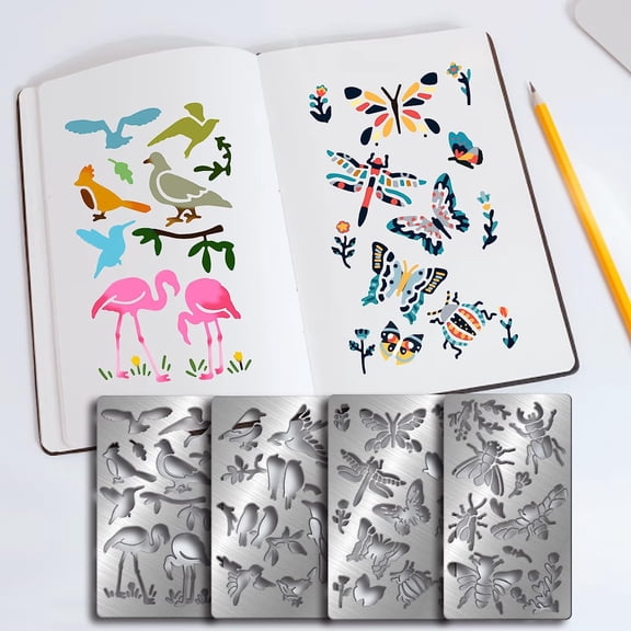 4 Pcs Animals Metal Journal Stencil Metal Painting Template Bird Butterfly Dragonfly Stainless Steel