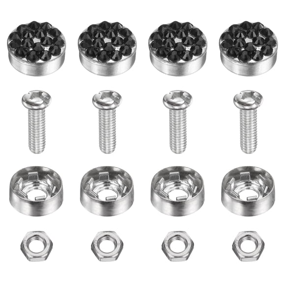 4 Pcs Anti Theft License Plate Screws Kits, Tag Plate Mounting Hardware, Rhinestone Design Screw Cap Cover Fitting for (Motorcycles/Cars/Trucks), Black