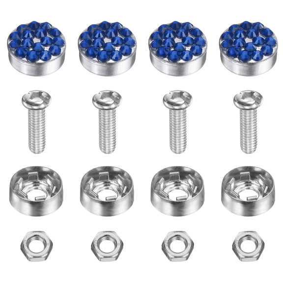 4 Pcs Anti Theft License Plate Screws Kits, Tag Plate Mounting Hardware, Rhinestone Design Screw Cap Cover Fitting for (Motorcycles/Cars/Trucks), Blue