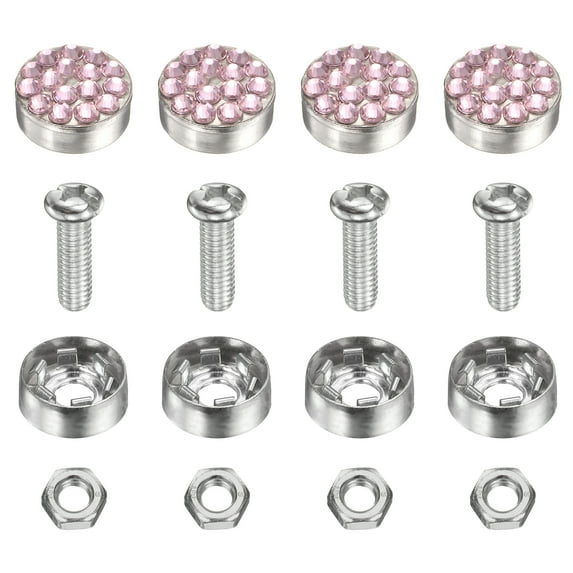 4 Pcs Anti Theft License Plate Screws Kits, Tag Plate Mounting Hardware, Rhinestone Design Screw Cap Cover Fitting for (Motorcycles/Cars/Trucks), Pink