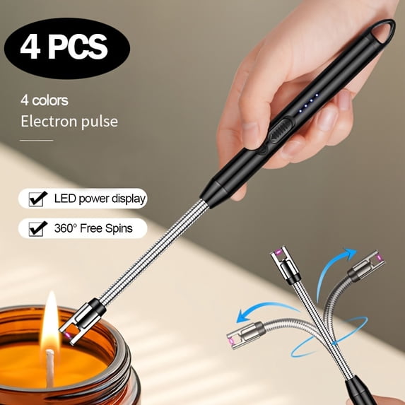 4 Pcs Arc Electric Candle Lighter, 360° Flexible Neck Flameless Windproof Lighter with LED Power Display & Safety Switch for BBQ, Grill, Camping & Fireplace