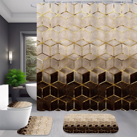 4 Pcs Art Gold Geometric Luxury Shower Curtain Set with Rug Toilet Cover and Bath Mat for Bathroom